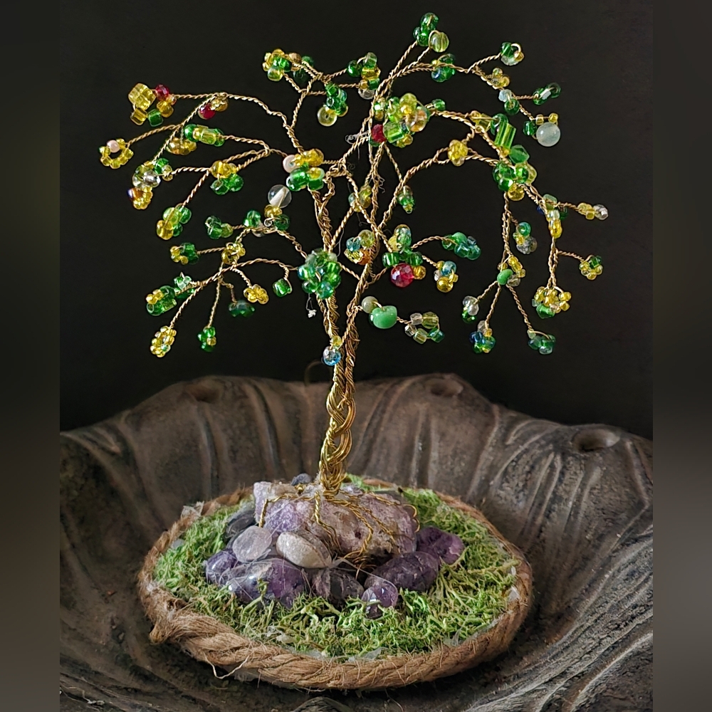 Handmade Green and Yellow Beaded Gem Tree Sculpture Handmade On Amethyst Rock